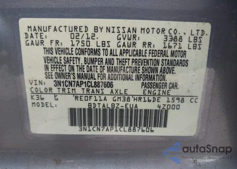 2012 Nissan Versa 1.6 Sv z USA, uszkodzony, nr VIN 3N1CN7AP1CL887606